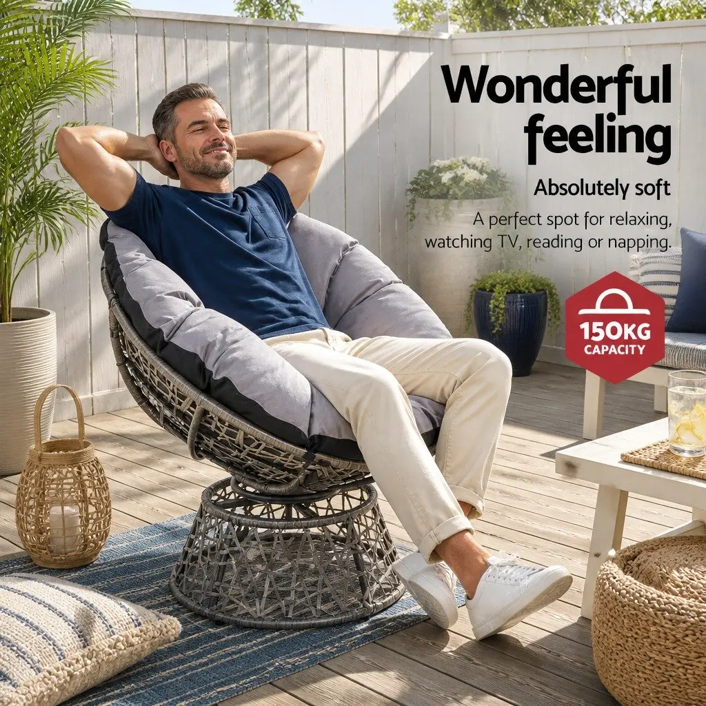 Papasan Chair Rotatable Indoor Outdoor Furniture 360 Degree Grey