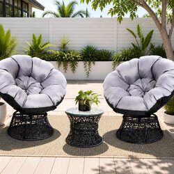 Papasan Chair and Side Table Set Outdoor Patio Wicker Lounge Furniture Black