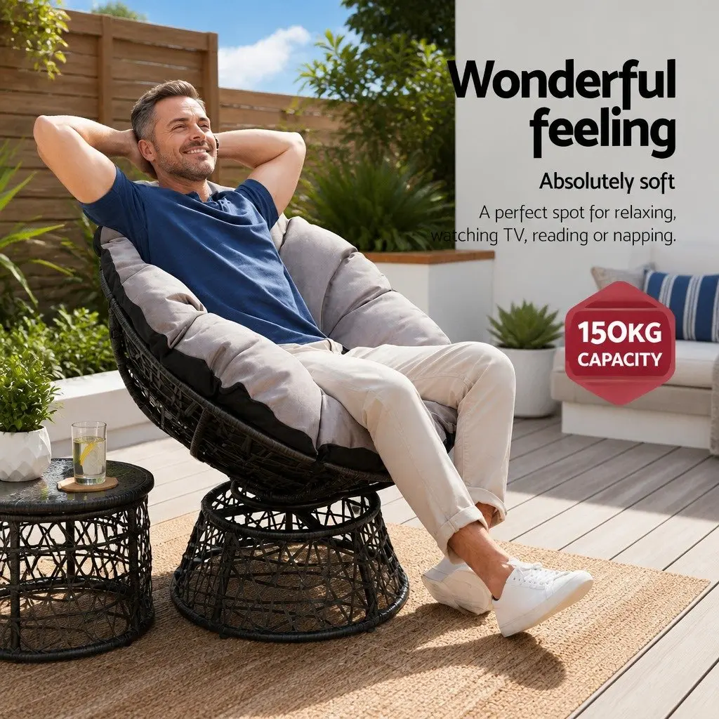 Papasan Chair and Side Table Set Outdoor Patio Wicker Lounge Furniture Black