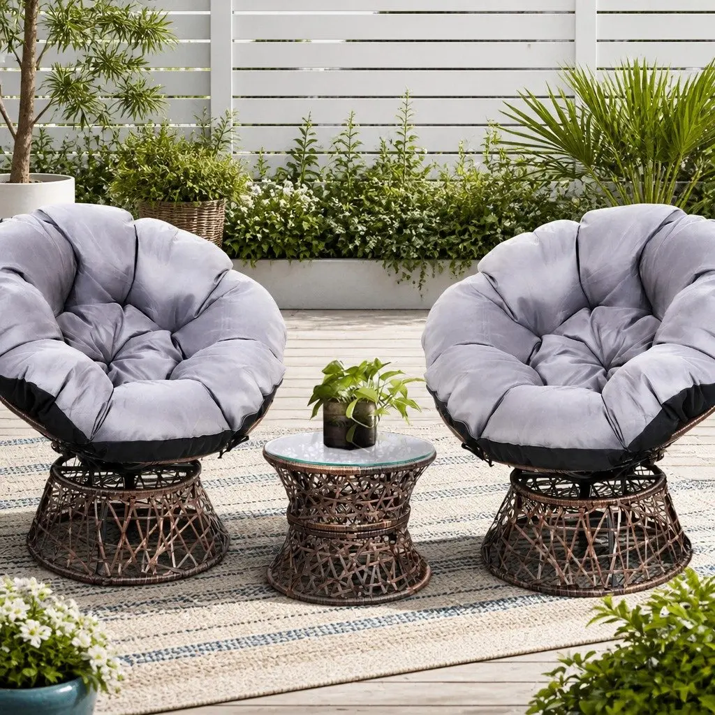Outdoor Papasan Chair Side Table Set Wicker Furniture Brown 2-Piece