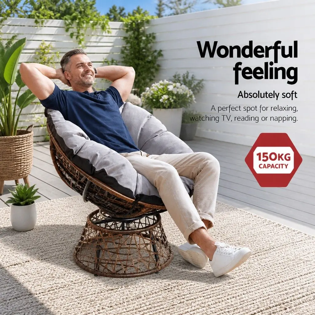 Outdoor Papasan Chair Side Table Set Wicker Furniture Brown 2-Piece