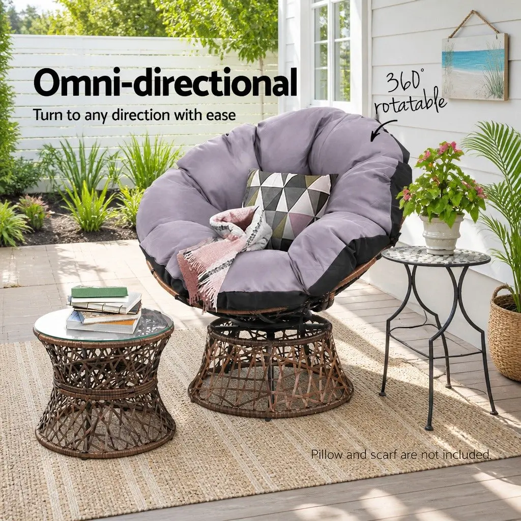 Outdoor Papasan Chair Side Table Set Wicker Furniture Brown 2-Piece