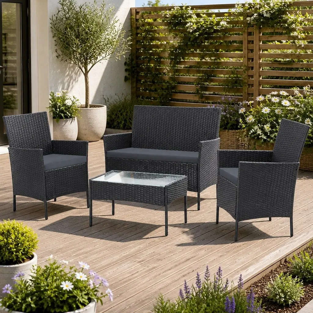 4 Seater Outdoor Sofa Set with Storage Cover Wicker Table Chairs Dark Grey