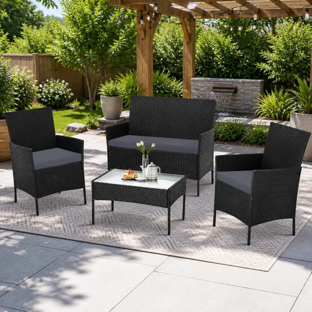 4 Seater Outdoor Sofa Set Wicker Furniture Table Chair Dark Grey Patio Garden