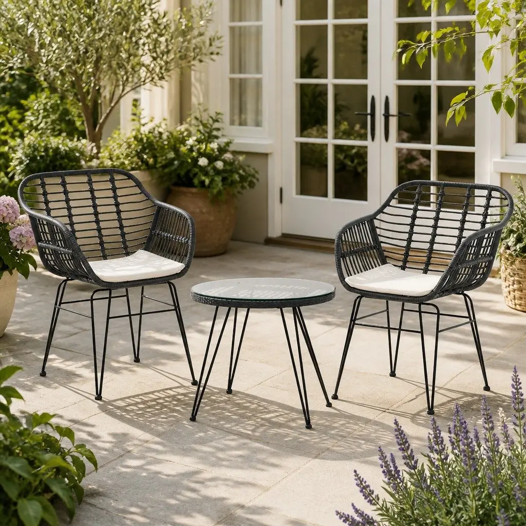 Bistro Patio Furniture Set 3 Piece Outdoor Lounge Chairs Coffee Table with Cushions Grey