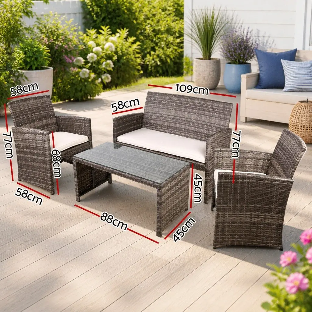 4 Piece Outdoor Rattan Sofa Set Lounge Grey with Beige Cushions
