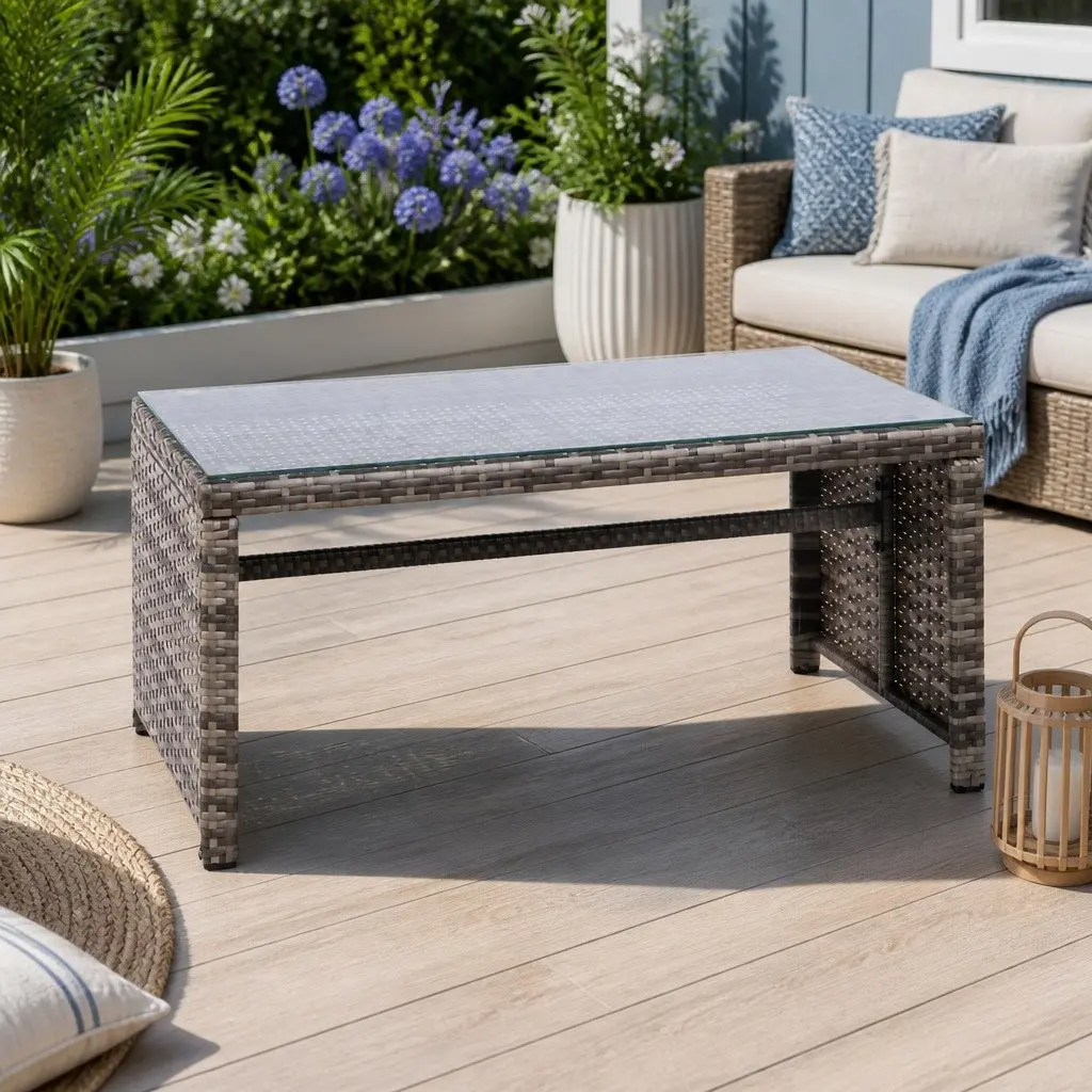 4 Piece Outdoor Rattan Sofa Set Lounge Grey with Beige Cushions