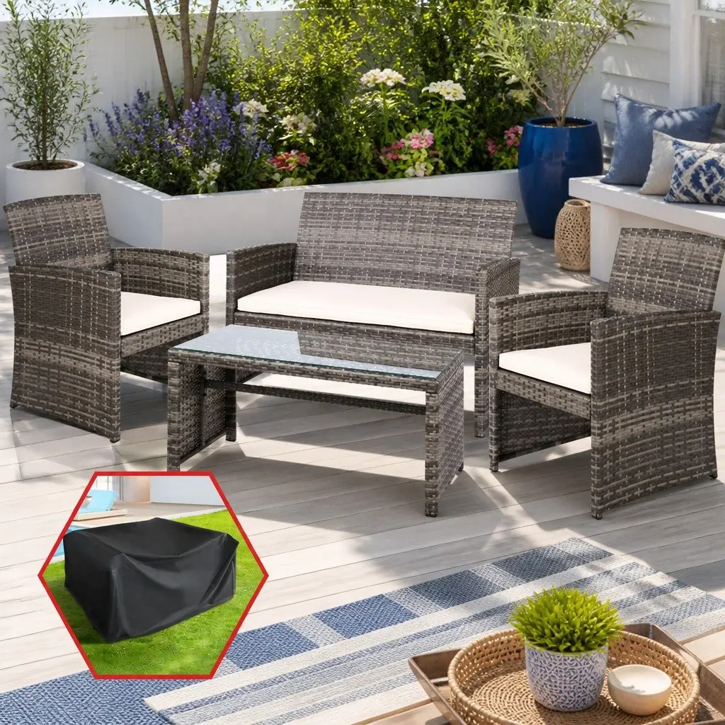 4 Piece Outdoor Rattan Sofa Set Lounge Grey with Beige Cushions