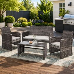 4 Piece Outdoor Sofa Set Wicker Armchair Coffee Table Garden Furniture Grey