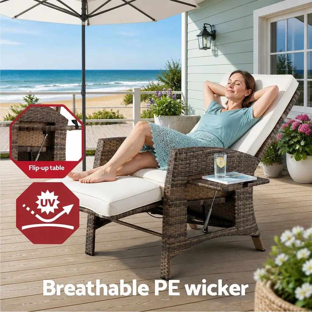 Outdoor Recliner Chair Adjustable Wicker Lounger Natural