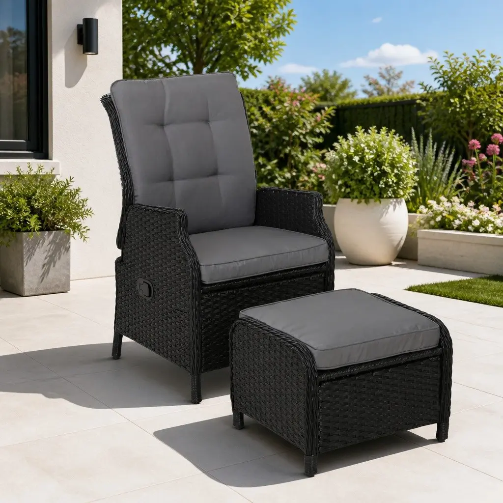2PC Recliner Chair Wicker Lounger Adjustable Outdoor Furniture Black