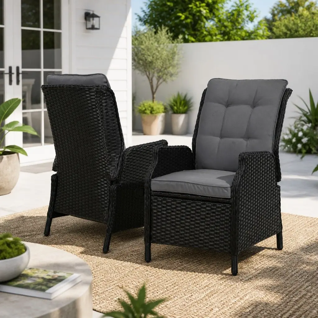 2PC Recliner Chair Wicker Lounger Adjustable Outdoor Furniture Black