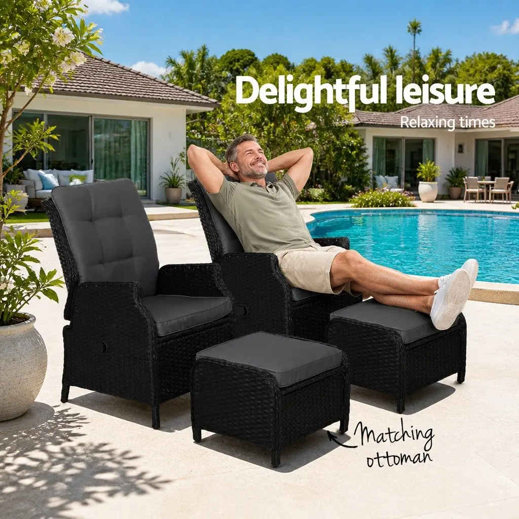 2PC Recliner Chair Wicker Lounger Adjustable Outdoor Furniture Black