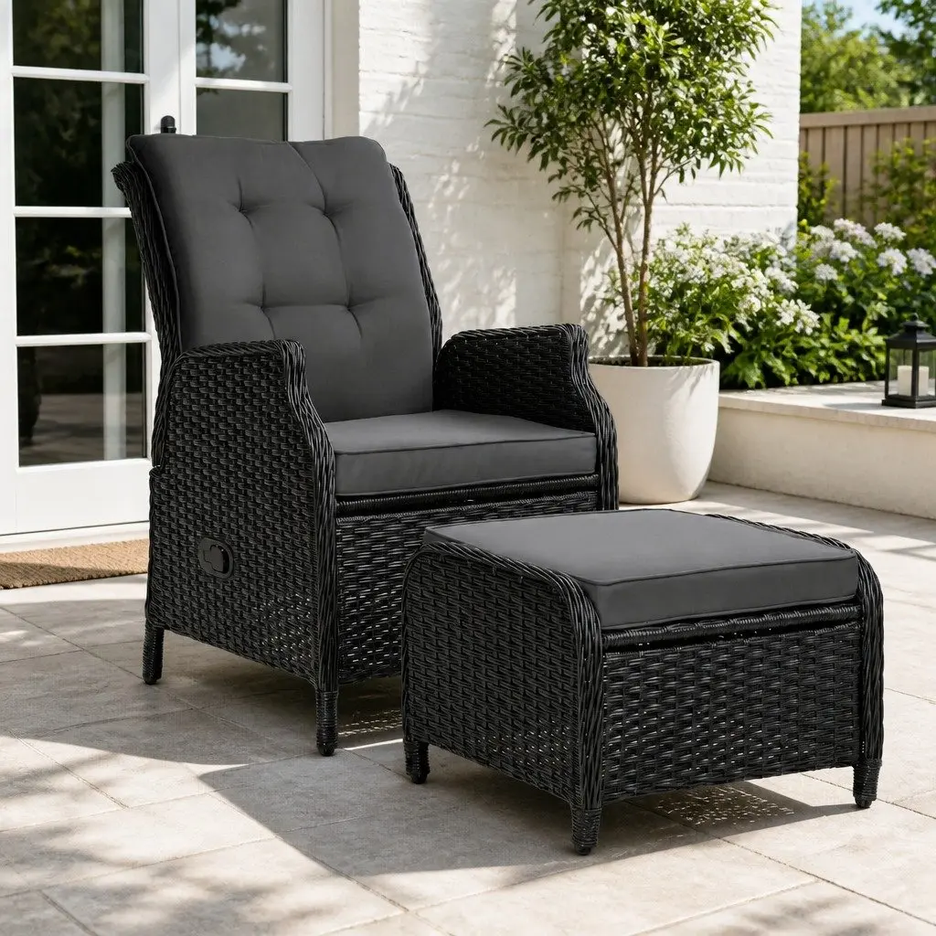Wicker Recliner Chair Adjustable Outdoor Lounger with Ottoman Black