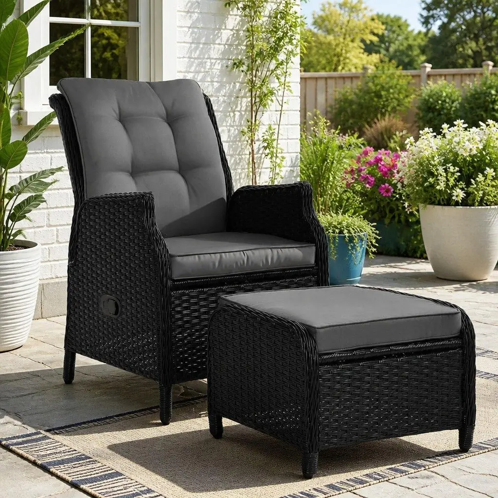 Wicker Recliner Chair Adjustable Outdoor Lounger with Ottoman Black