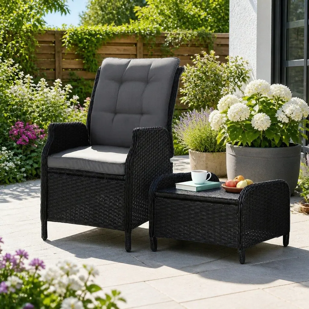 Wicker Recliner Chair Adjustable Outdoor Lounger with Ottoman Black