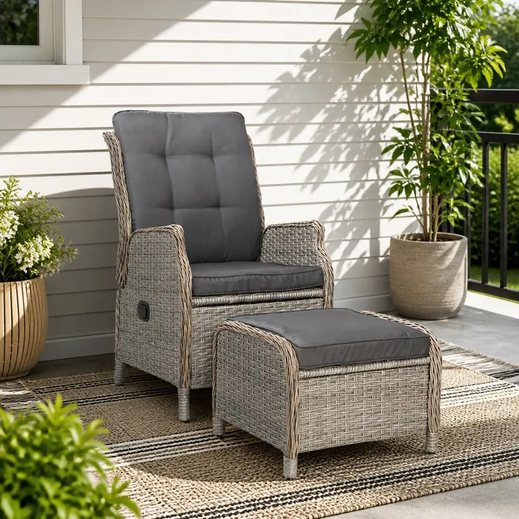 Wicker Recliner Chair Ottoman Set Adjustable Outdoor Patio Furniture Grey