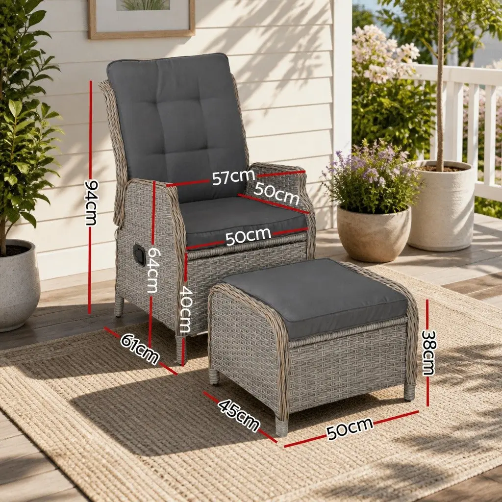 Wicker Recliner Chair Ottoman Set Adjustable Outdoor Patio Furniture Grey