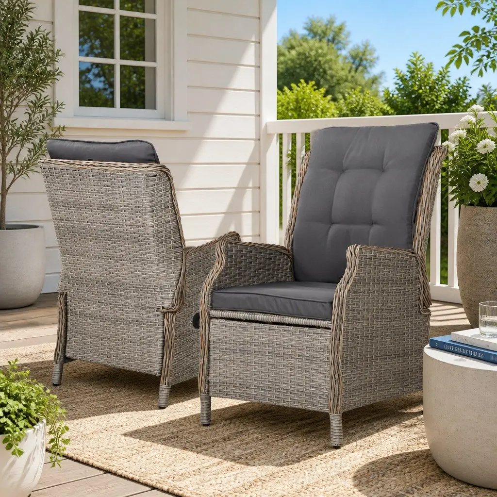 Wicker Recliner Chair Ottoman Set Adjustable Outdoor Patio Furniture Grey