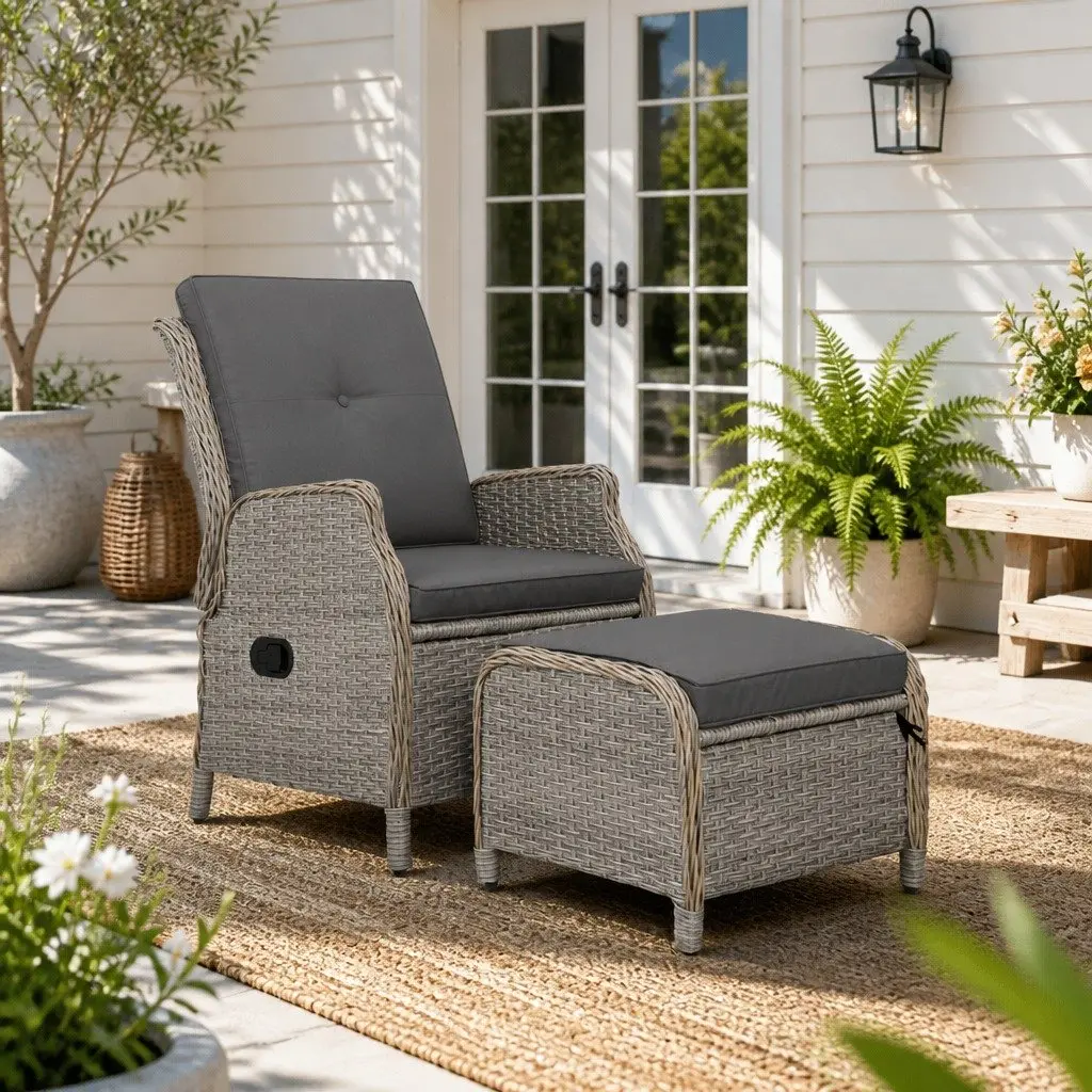Wicker Recliner Chair Ottoman Set Adjustable Outdoor Patio Furniture Grey