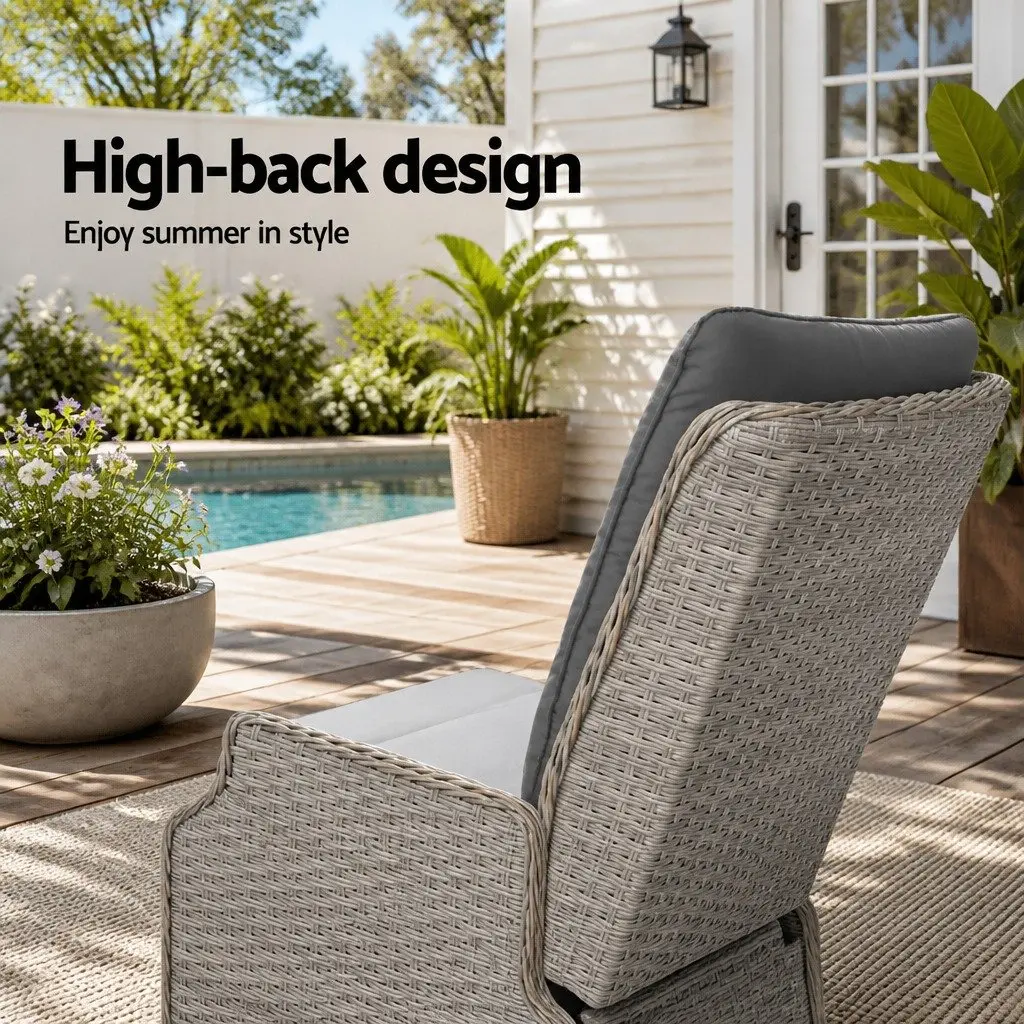 Wicker Recliner Chair Ottoman Set Adjustable Outdoor Patio Furniture Grey
