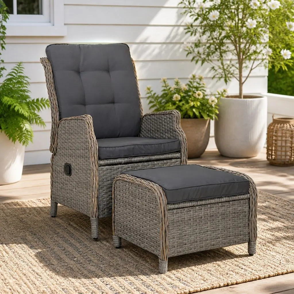 Wicker Recliner Chair Ottoman Set Adjustable Outdoor Patio Furniture Grey