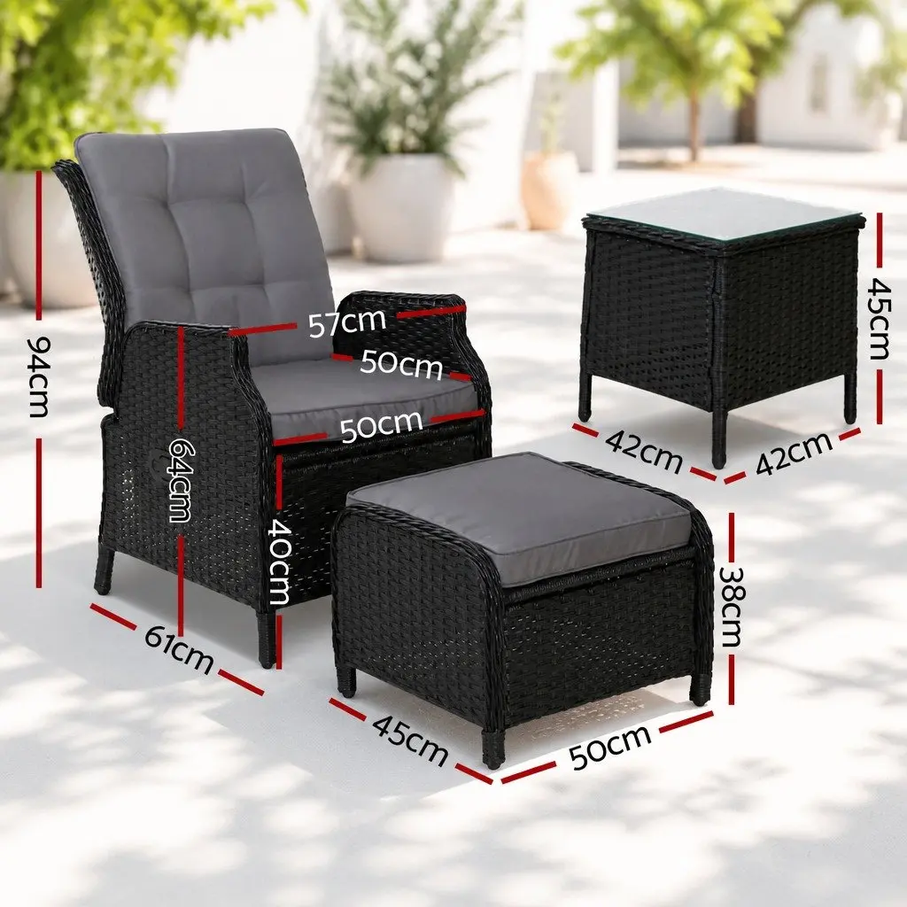 Wicker Recliner Outdoor Furniture Set Adjustable Chairs Ottomans Side Table Black 5 Piece