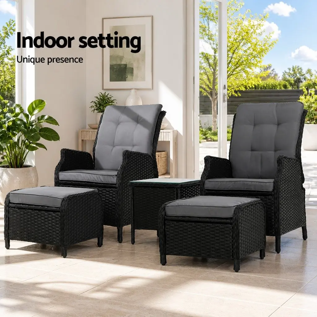 Wicker Recliner Outdoor Furniture Set Adjustable Chairs Ottomans Side Table Black 5 Piece