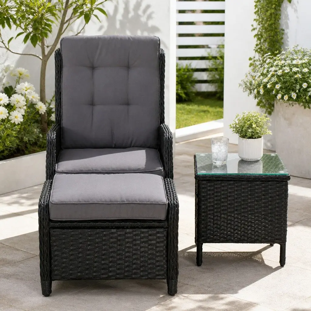 Wicker Recliner Outdoor Furniture Set Adjustable Chairs Ottomans Side Table Black 5 Piece