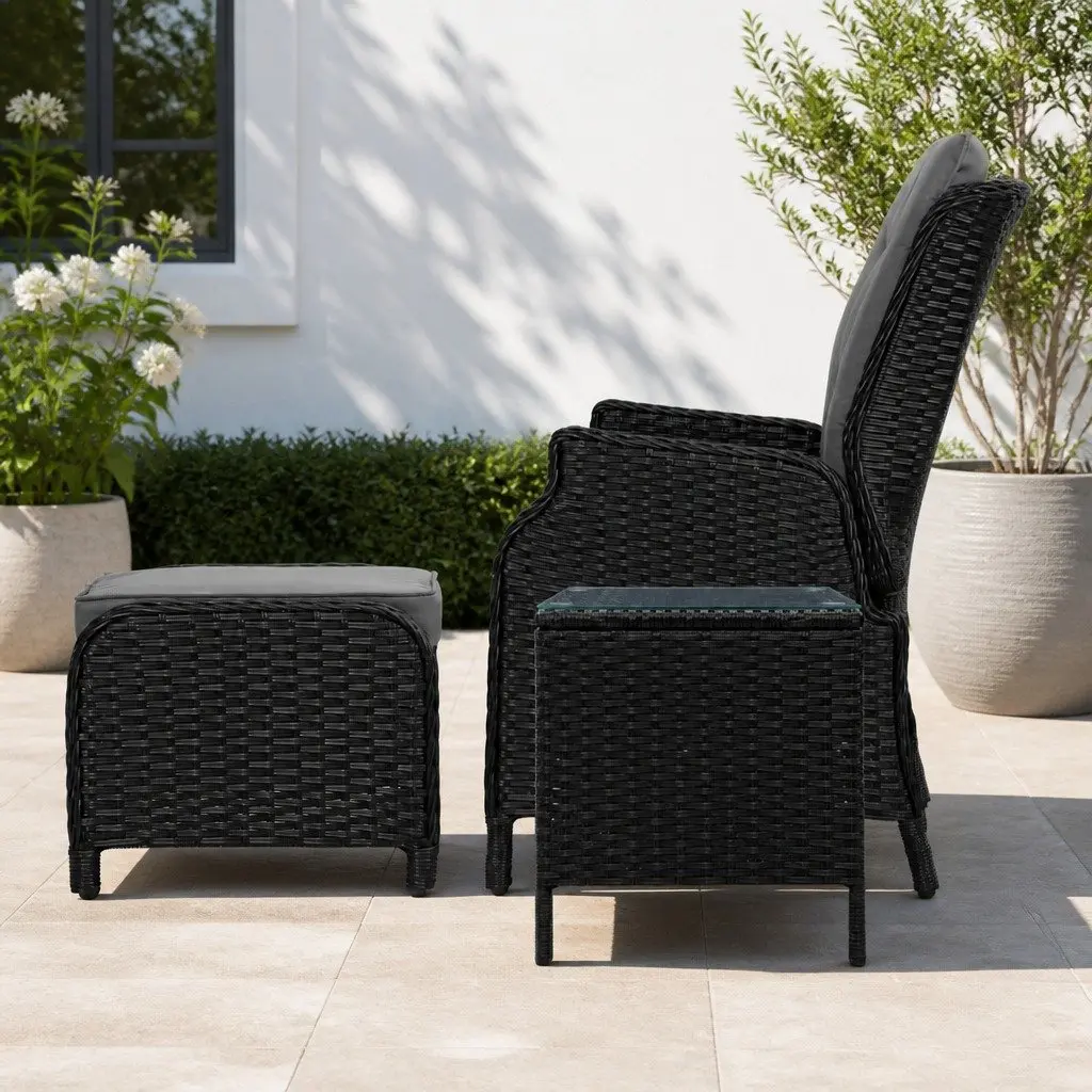 Wicker Recliner Outdoor Furniture Set Adjustable Chairs Ottomans Side Table Black 5 Piece