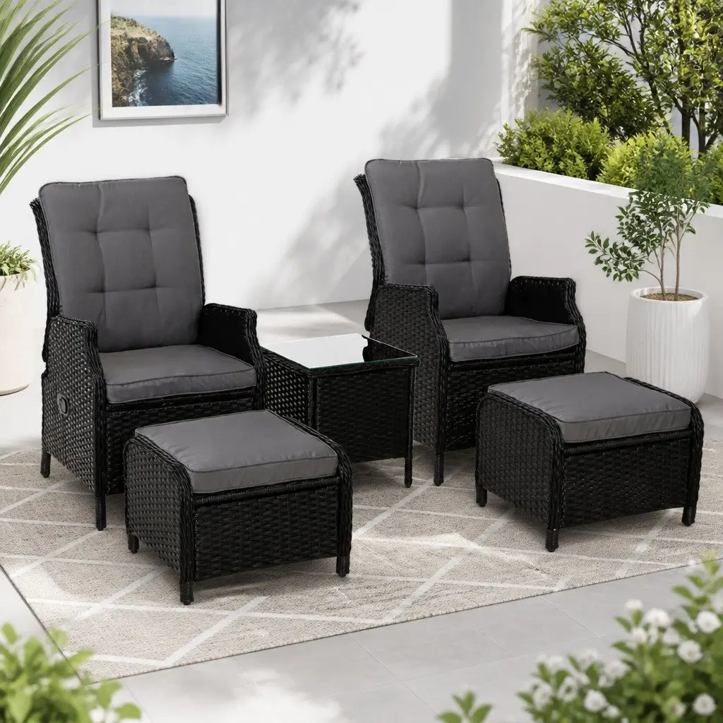 Wicker Recliner Outdoor Furniture Set Adjustable Chairs Ottomans Side Table Black 5 Piece