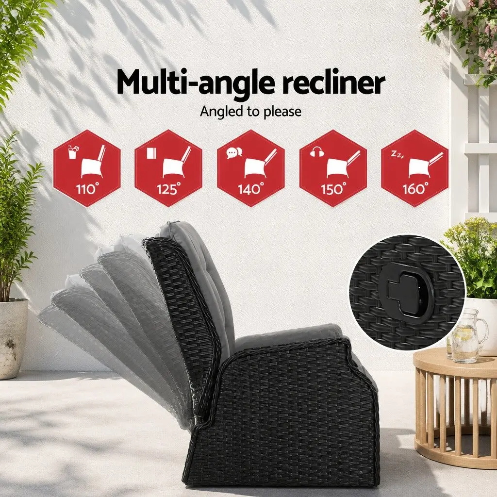 Wicker Recliner Outdoor Furniture Set Adjustable Chairs Ottomans Side Table Black 5 Piece