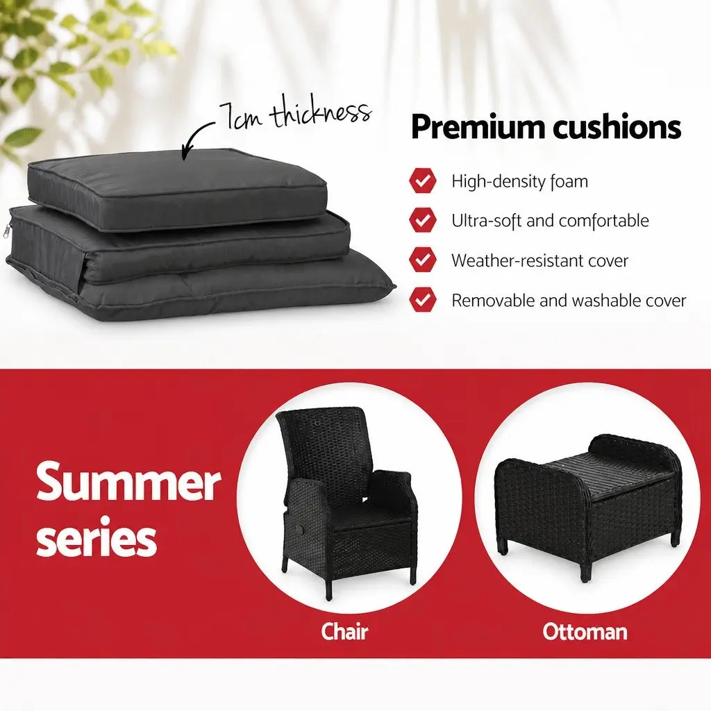Wicker Recliner Outdoor Furniture Set Adjustable Chairs Ottomans Side Table Black 5 Piece