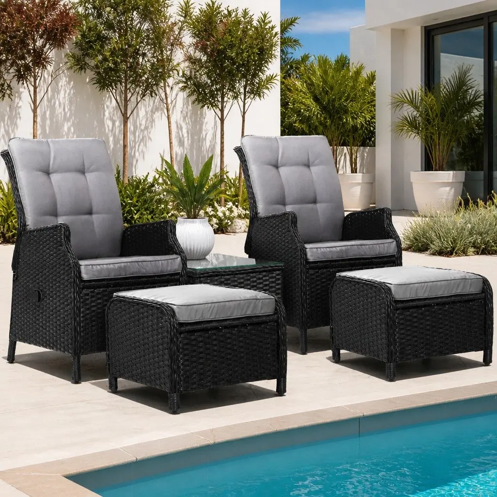 Wicker Recliner Outdoor Furniture Set Adjustable Chairs Ottomans Side Table Black 5 Piece