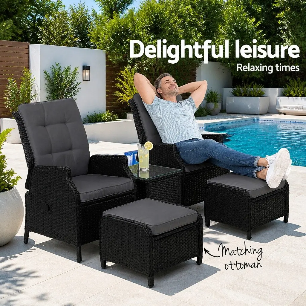 Wicker Recliner Outdoor Furniture Set Adjustable Chairs Ottomans Side Table Black 5 Piece