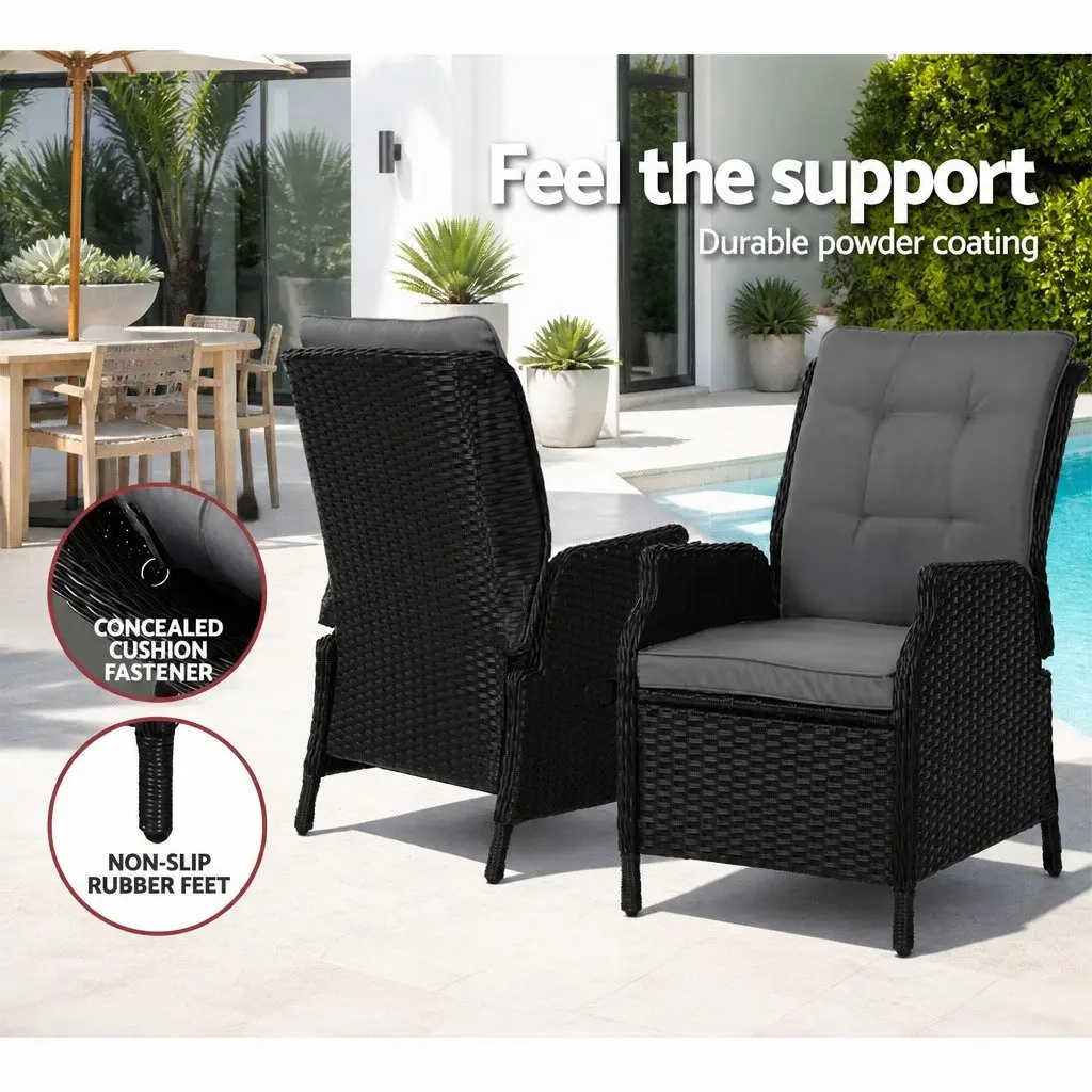 Wicker Recliner Outdoor Furniture Set Adjustable Chairs Ottomans Side Table Black 5 Piece