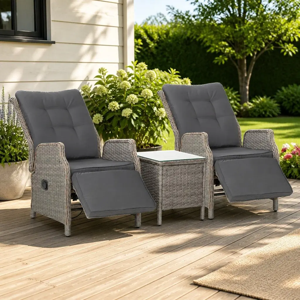 3 Piece Outdoor Recliner Set Wicker Lounge Chairs Side Table Garden Furniture