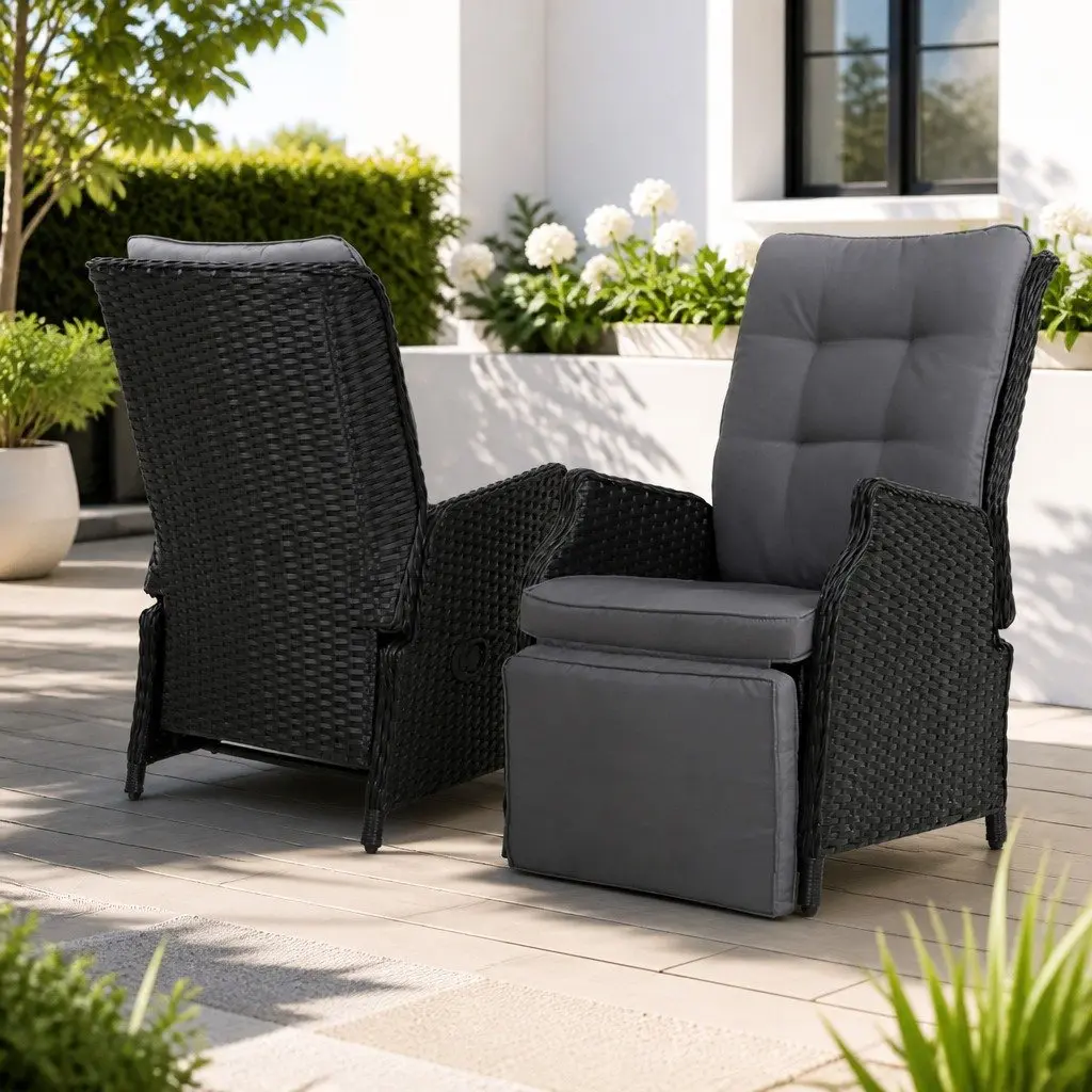 Wicker Recliner Chairs Adjustable Backrest 2 Piece Outdoor Sun Lounge Black
