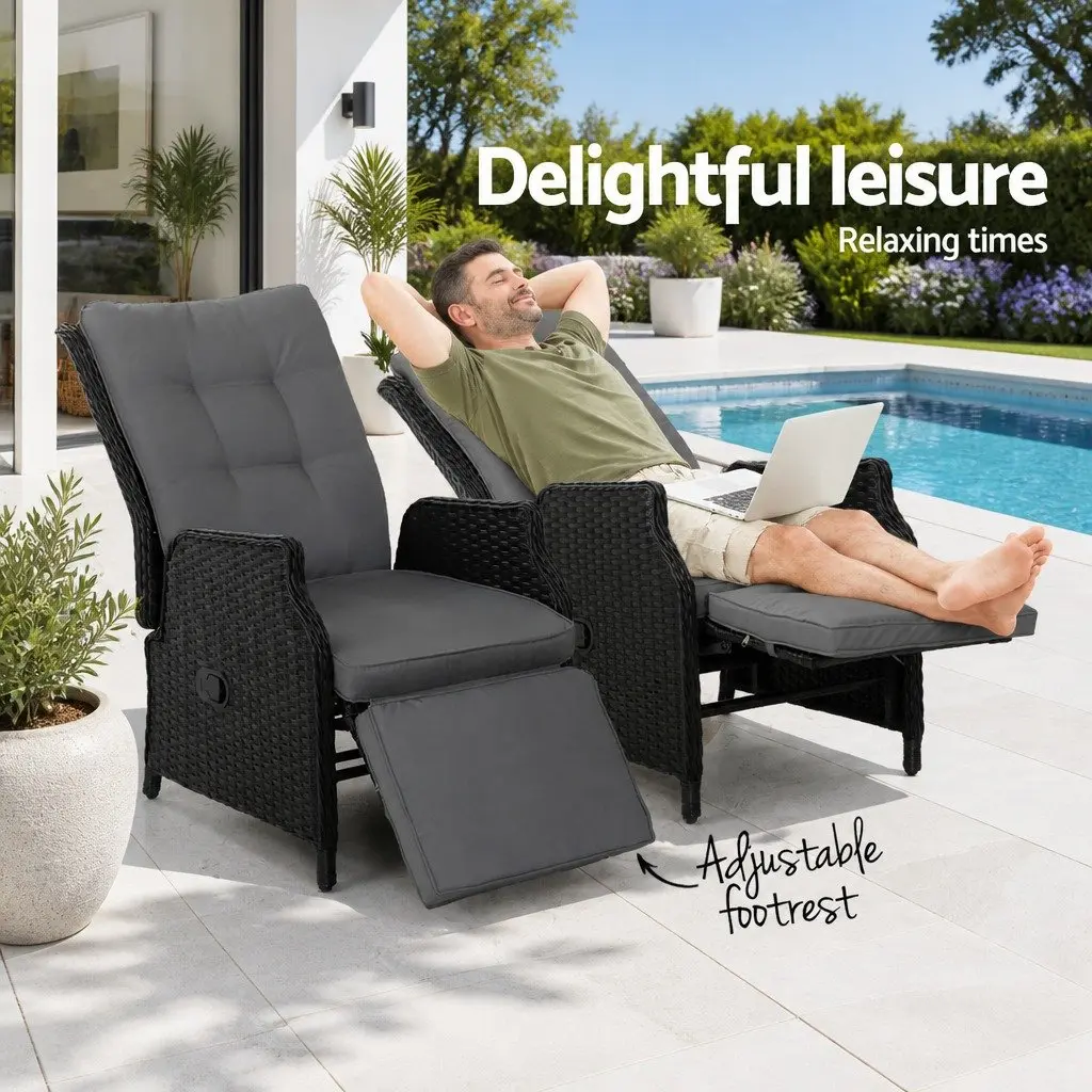 Wicker Recliner Chairs Adjustable Backrest 2 Piece Outdoor Sun Lounge Black
