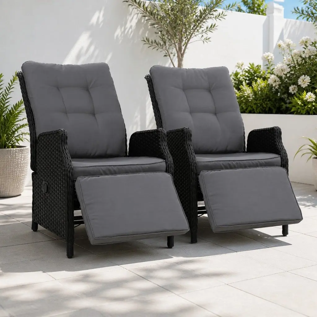 Wicker Recliner Chairs Adjustable Backrest 2 Piece Outdoor Sun Lounge Black