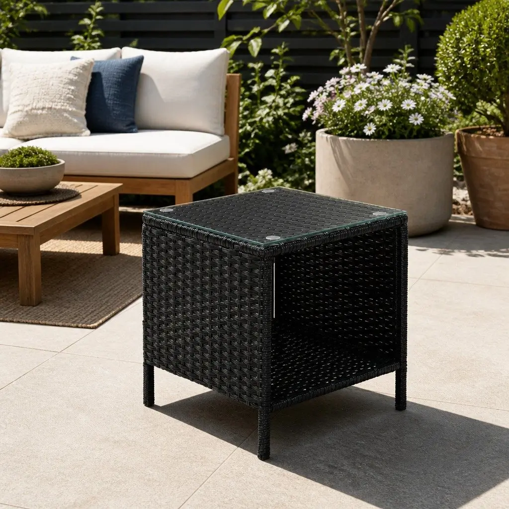 Wicker Side Table Coffee Indoor Outdoor 40cm Black White