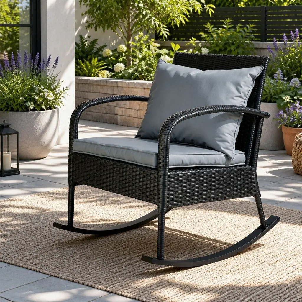 Outdoor Rocking Chair Wicker Lounge Seating Black 79cm x 58cm x 78cm