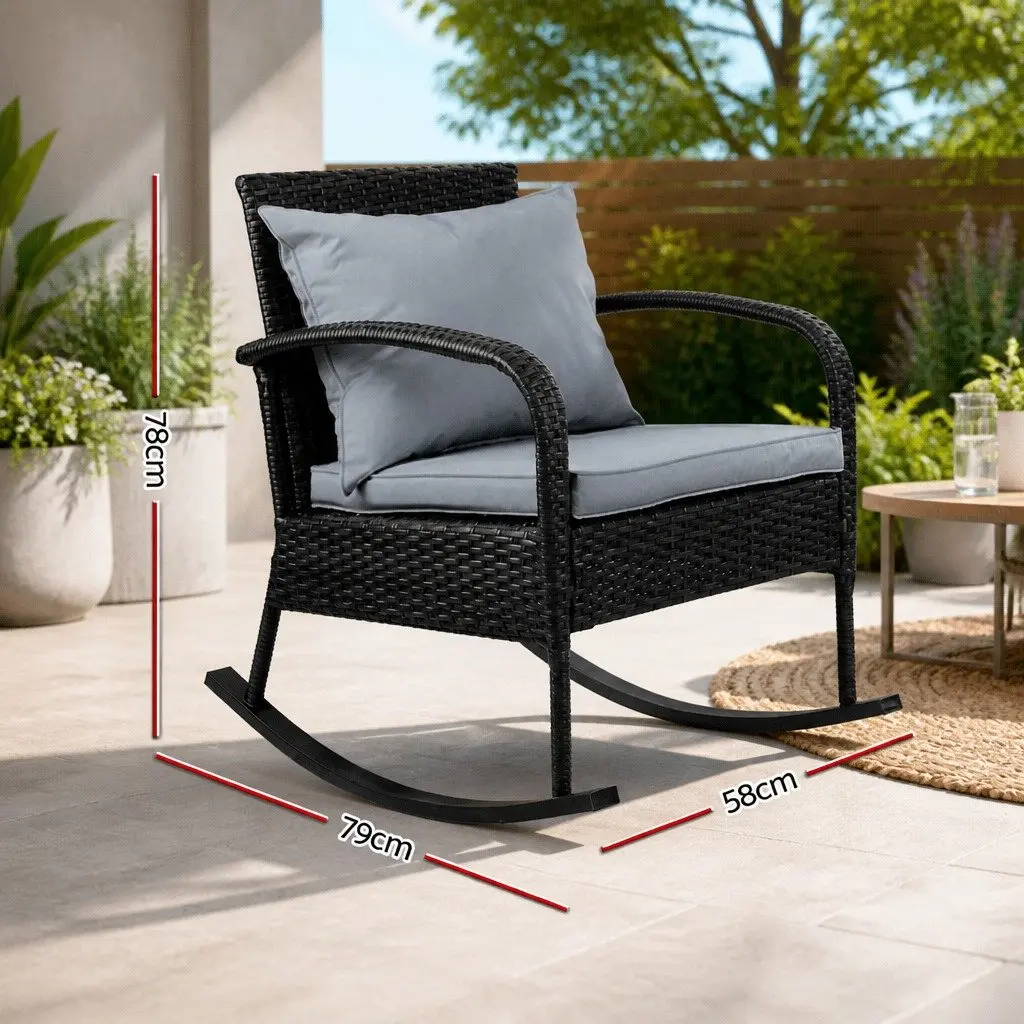 Outdoor Rocking Chair Wicker Lounge Seating Black 79cm x 58cm x 78cm