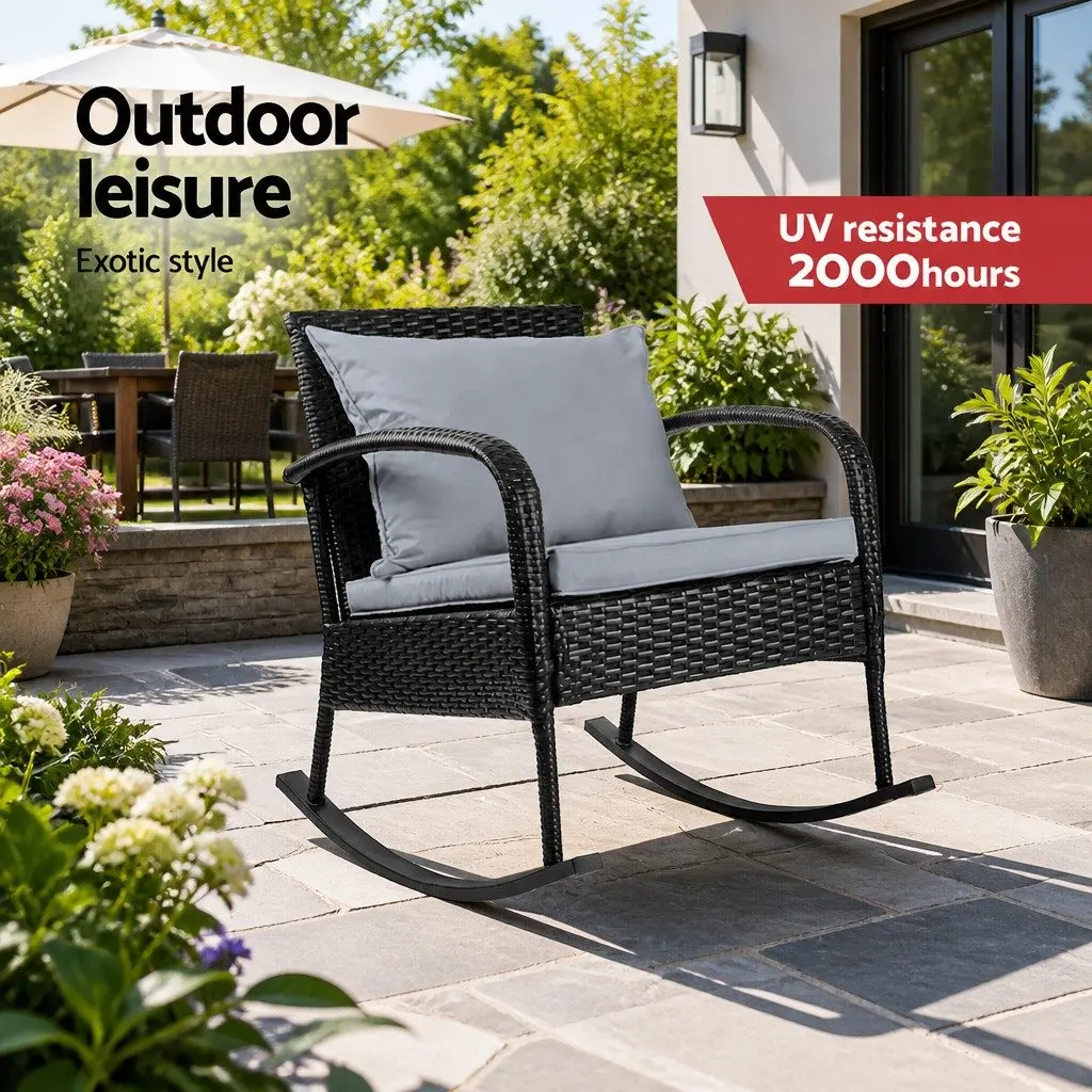 Outdoor Rocking Chair Wicker Lounge Seating Black 79cm x 58cm x 78cm