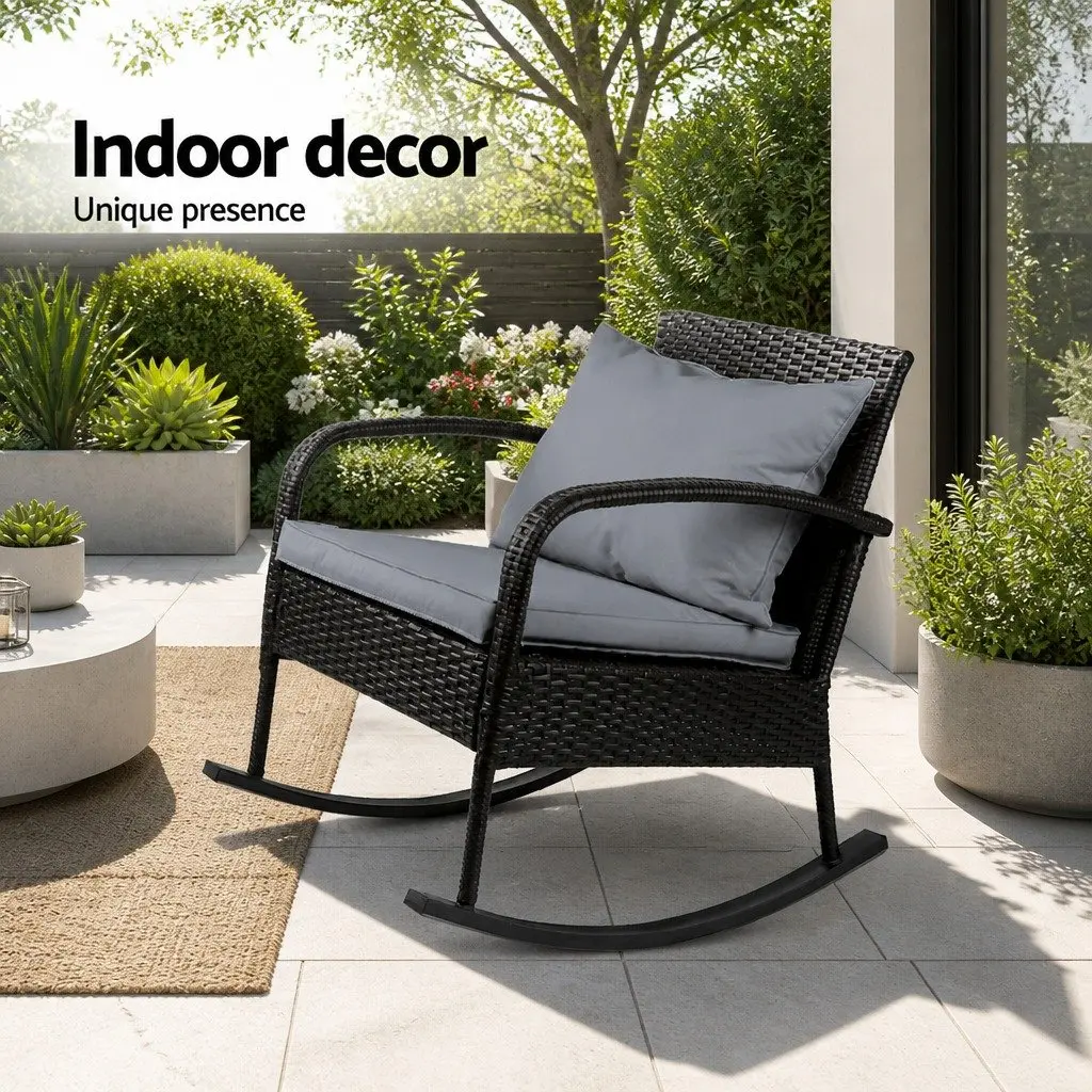Outdoor Rocking Chair Wicker Lounge Seating Black 79cm x 58cm x 78cm