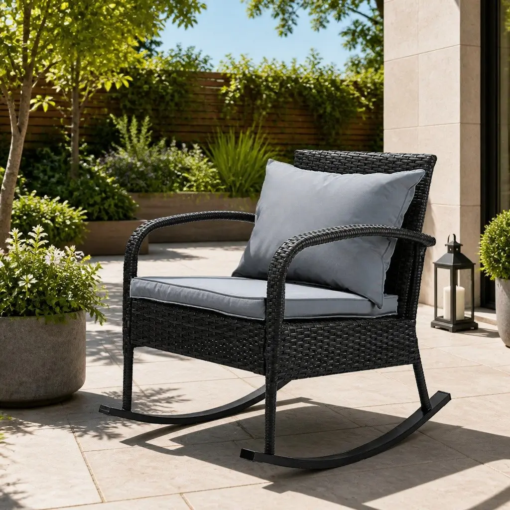 Outdoor Rocking Chair Wicker Lounge Seating Black 79cm x 58cm x 78cm