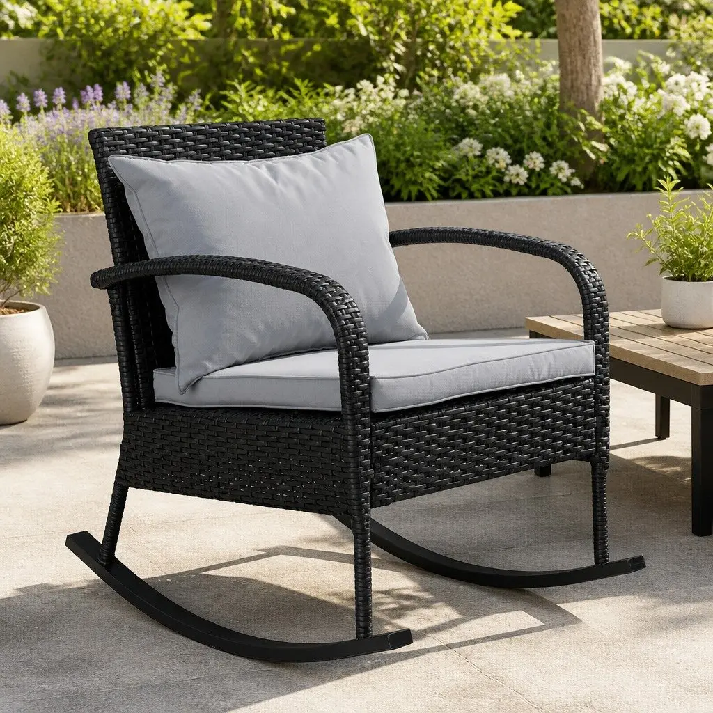 Outdoor Rocking Chair Wicker Lounge Seating Black 79cm x 58cm x 78cm