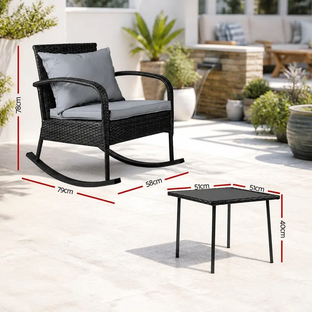 Outdoor Rocking Chair Set with Side Table Black Wicker 2 Piece