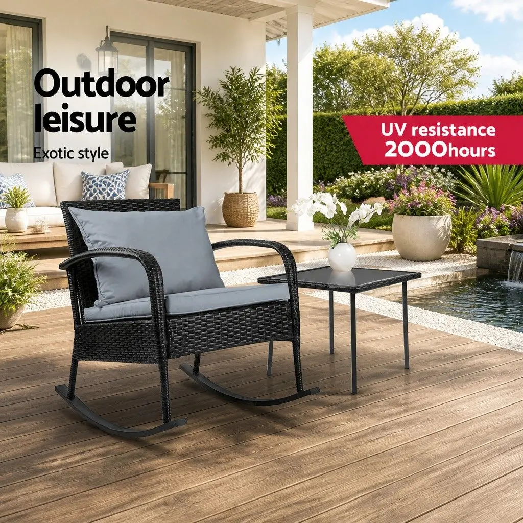 Outdoor Rocking Chair Set with Side Table Black Wicker 2 Piece