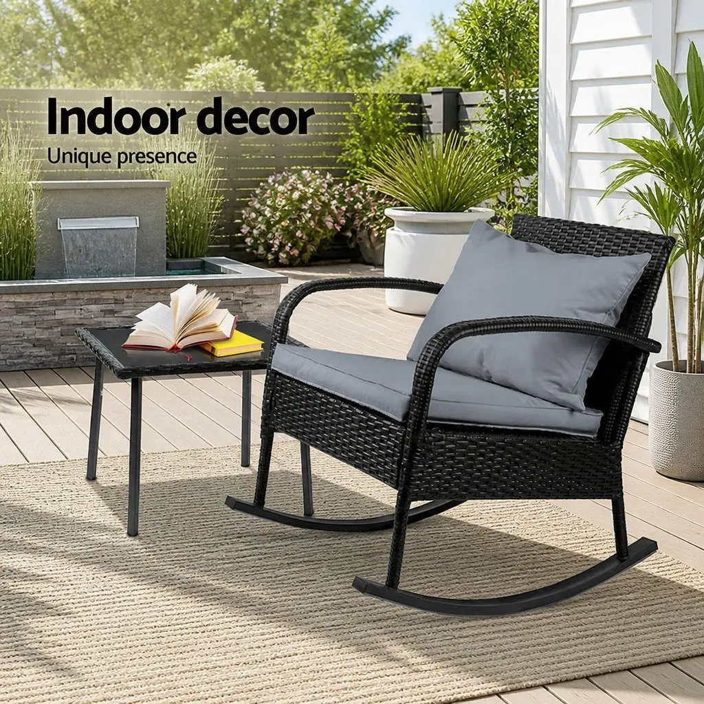 Outdoor Rocking Chair Set with Side Table Black Wicker 2 Piece